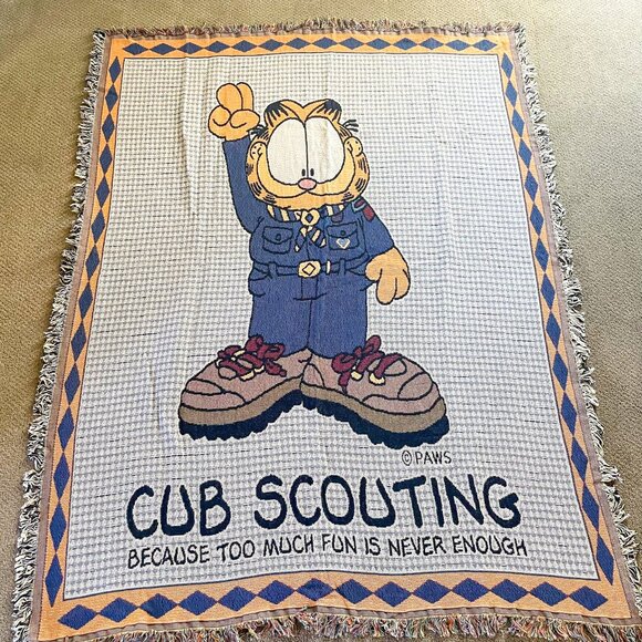 Vintage 90s Boy Scouts of America Garfield Afghan Throw Blanket 68x52 Cub Scouts - Picture 1 of 5